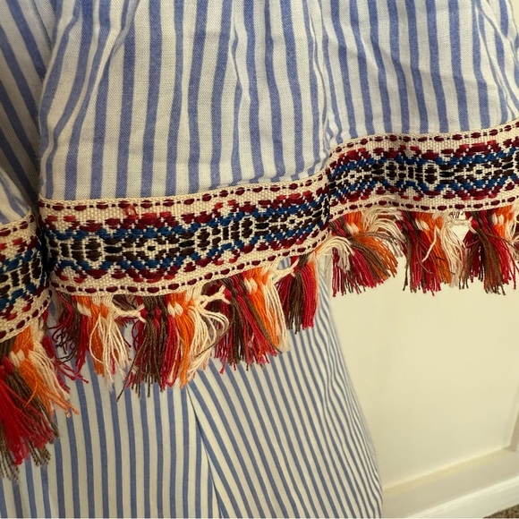 THML Wrap Maxi Dress Women’s Large Blue White Stripe Tribal Fringe Tassels lined - Picture 5 of 10